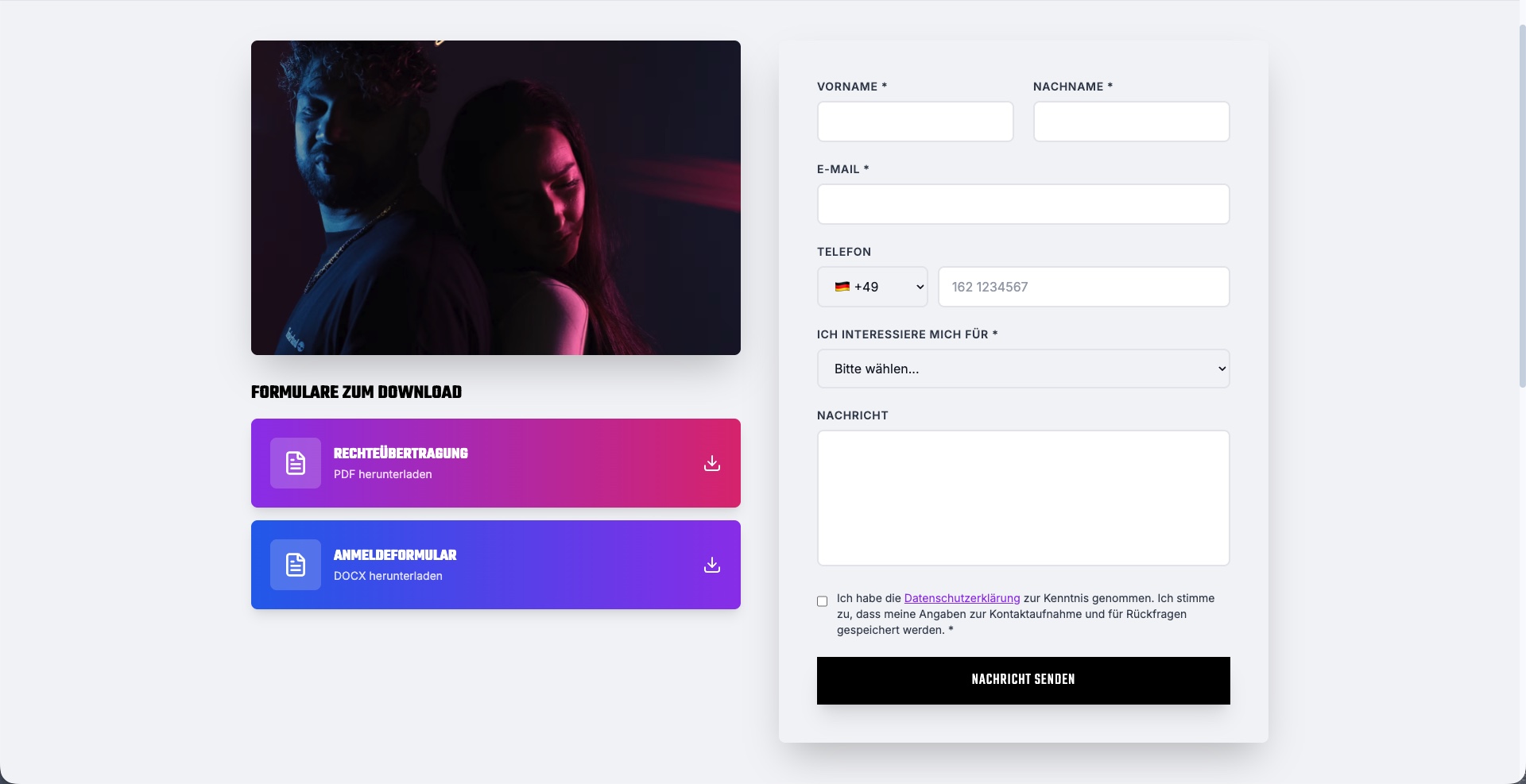 Anmeldeformular mit Downloads